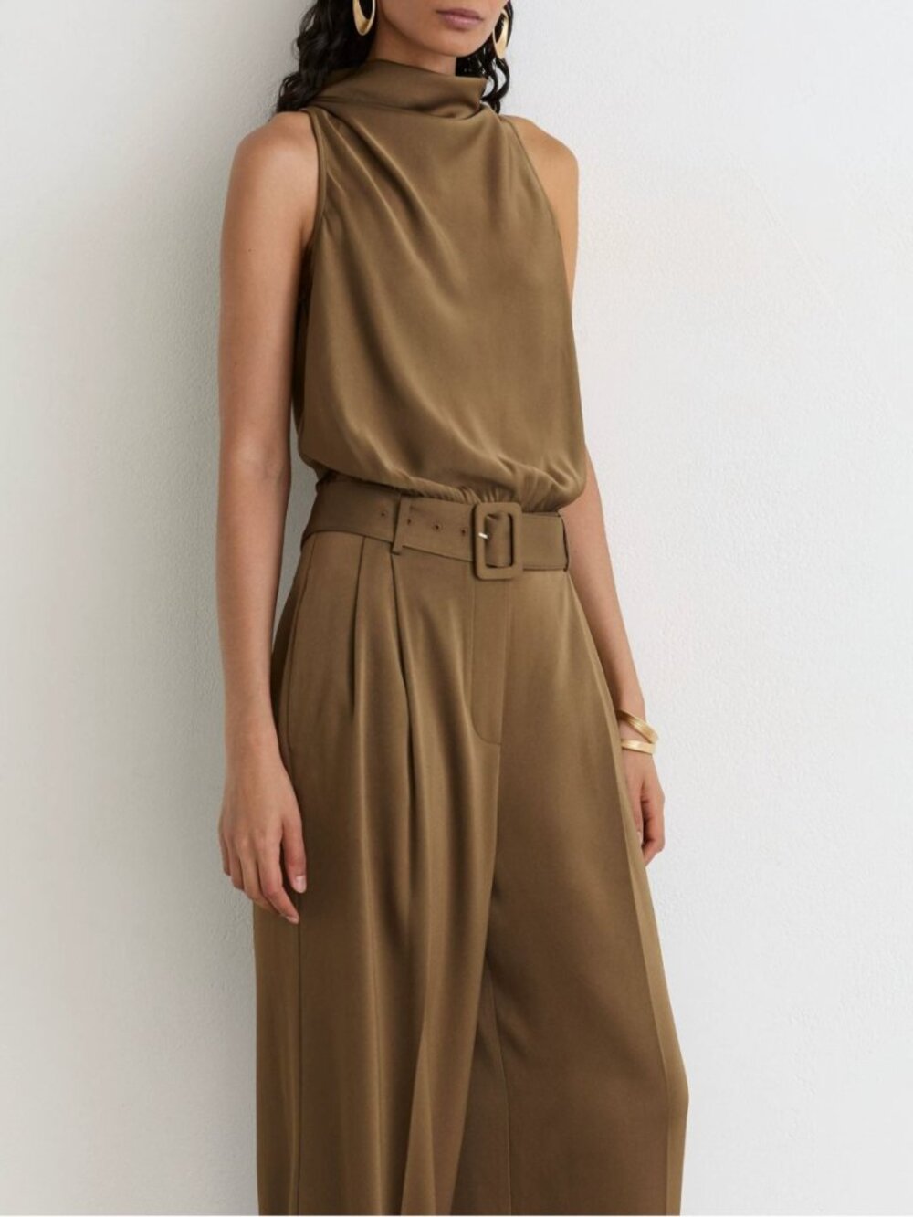 REISS Erica Satin Jumpsuit Khaki Green Cowl-Neck Wide-Leg Quiet Lux Classic - Picture 12 of 14